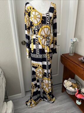 Wall St Made in USA Nautical Chain Wheel Print Maxi Dress Belted Vintage S/M